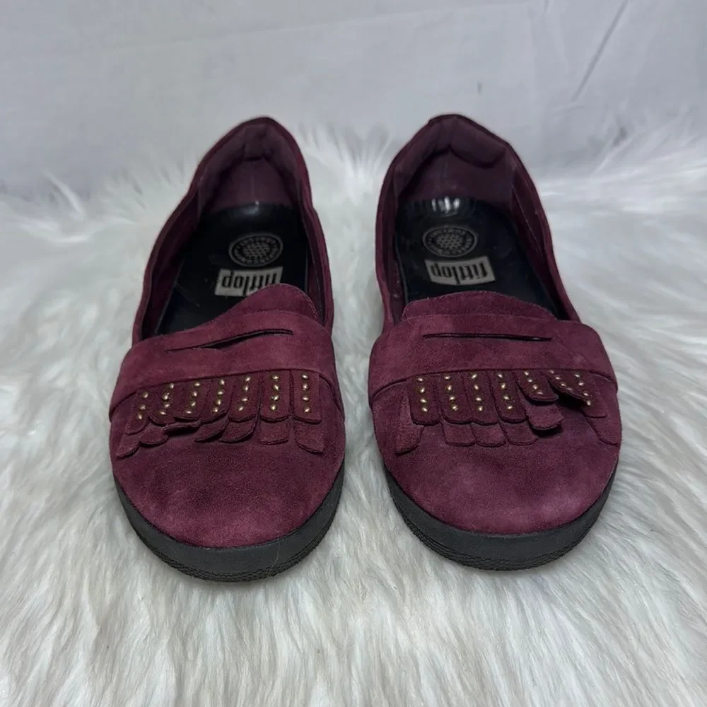 Fitflop Burgundy Suede Stud‎ Fringe Penny Loafers Sz 6